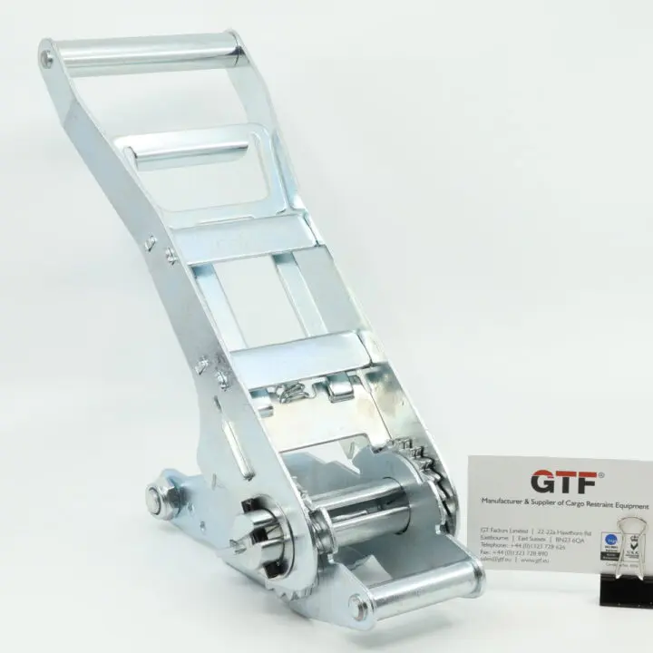 RB5050LH-ERG-HD - 50mm, 5000kg, Long Handle, Heavy Duty Ergonomic Ratchet Buckle - with Business Card for Scale