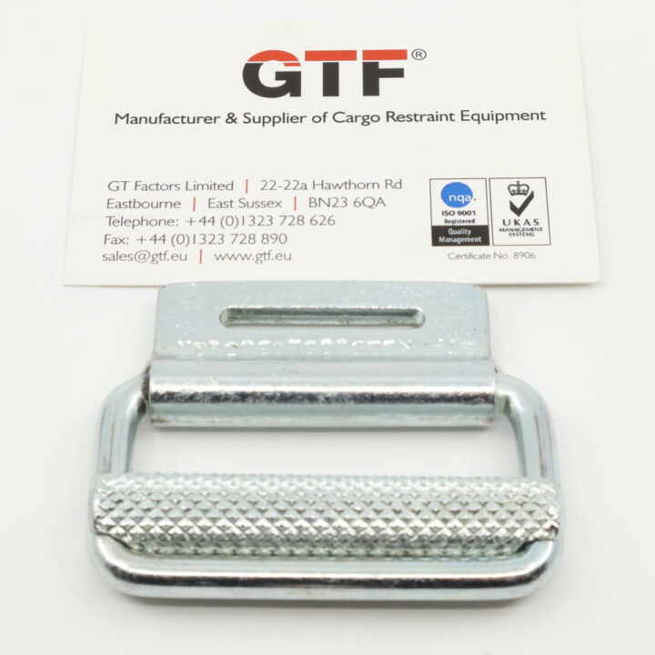 KBB5006 - 50mm, 600kg Knurl Bar Buckle - with Business Card for Scale