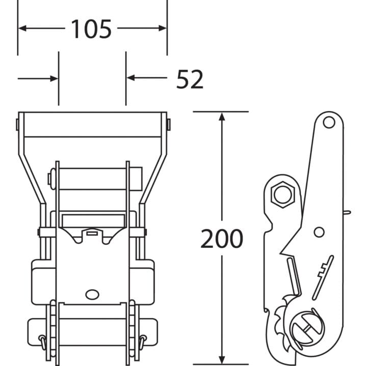 RB5050WH - 50mm, 5000kg Wide Handled Ratchet Buckle - Diagram
