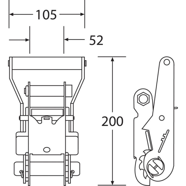 RB5050WH - 50mm, 5000kg Wide Handled Ratchet Buckle - Diagram